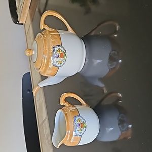 Noritake N2197 Yellow Luster Band, Flowers In Cornucopia Creamer & Teapot